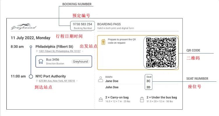 保存在手机 Apple Wallet 里的 Greyhound 灰狗巴士电子二维码车票 (E-ticket)