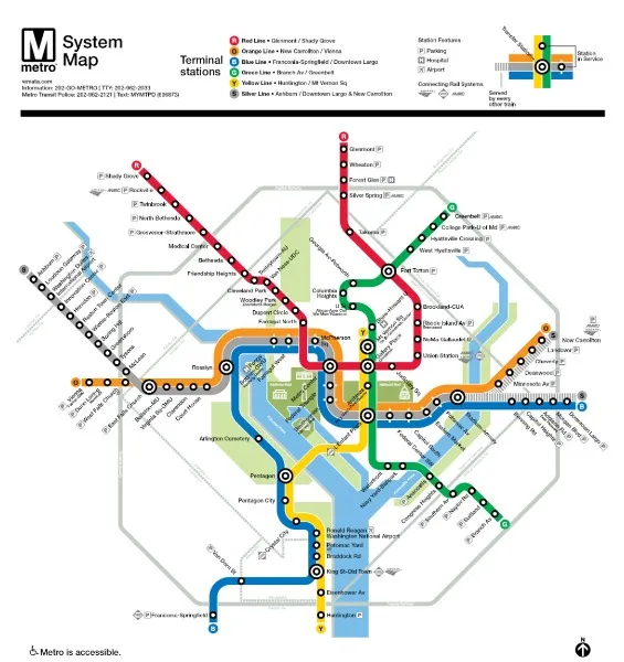2026年最新华盛顿特区 (Washington DC) Metrorail 官方六色地铁高清中英文路线图