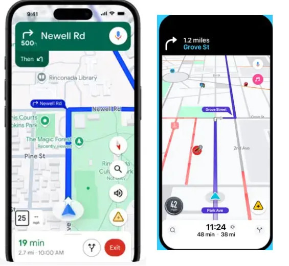 美国自驾必备导航 APP 界面对比：Google Maps 离线地图与 Waze 实时交通路况避拥堵功能