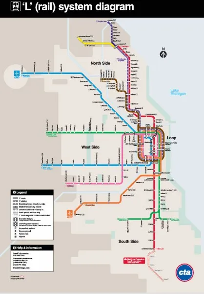 2026芝加哥 CTA 地铁 L Train 官方高清路线图 (包含红线、蓝线与 Loop 环线)