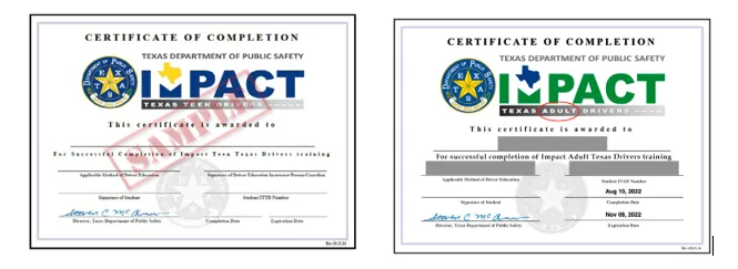 德州考驾照强制要求的 Impact Texas Drivers (ITD) 安全视频课程在线结业证书样本
