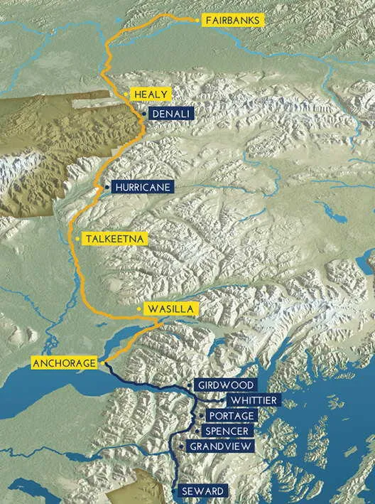 阿拉斯加极光列车 (Aurora Winter Train) 中文路线图与停靠站点