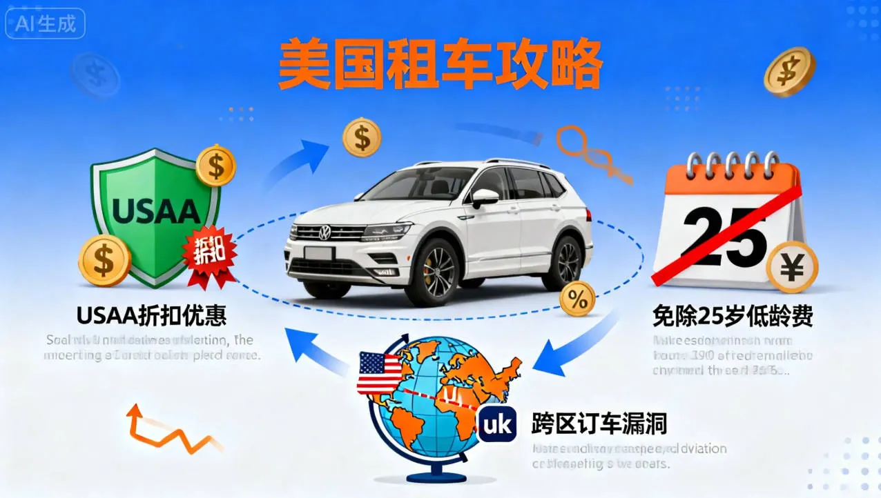 2026美国租车省钱全攻略：免除25岁低龄费、USAA代码与跨区(.co.uk)漏洞