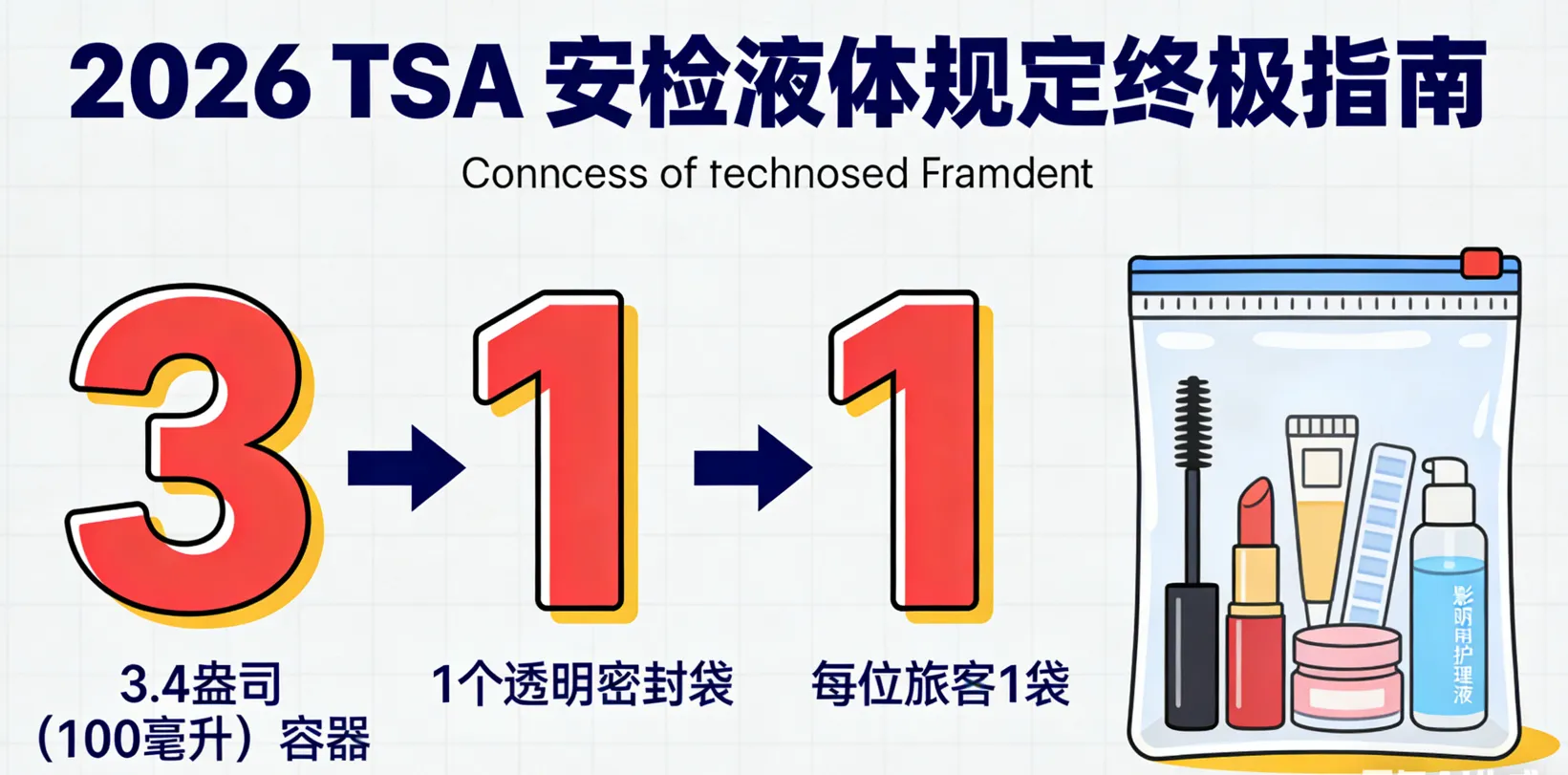 2026 美国TSA安检液体规定：化妆品与隐形眼镜药水怎么带？(3-1-1规则指南)