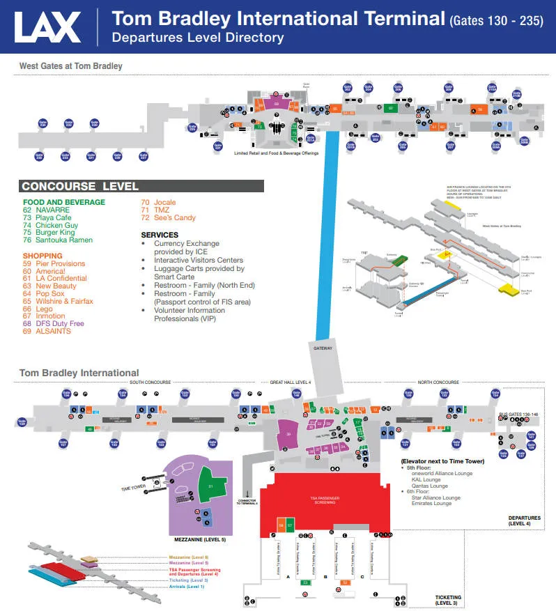 洛杉矶国际机场 LAX 航站楼分布图与 TBIT 国际转国内路线