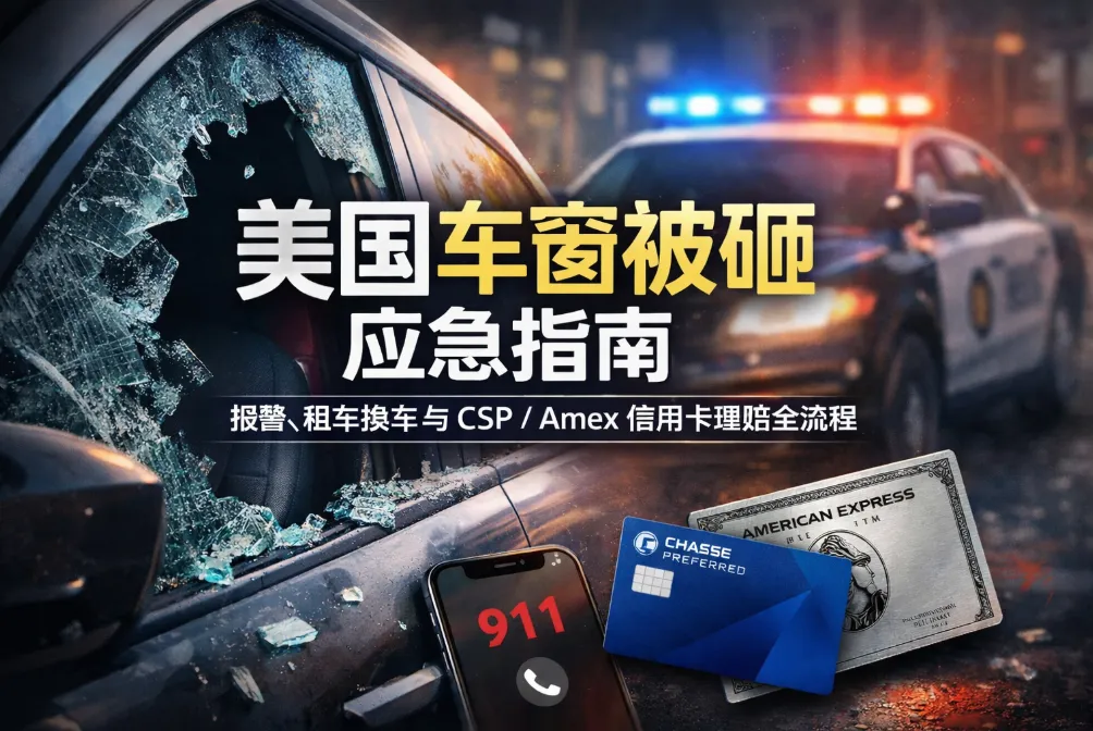 美国租车车窗被砸怎么办？报警、换车与信用卡 (CSP/Amex) 理赔全攻略（2026更新）