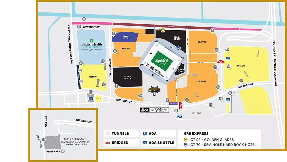 Hard Rock Stadium 官方停车场 (Parking Lots) 分区地图：内圈黑色/橙色区域与外围黄色/灰色区域划分