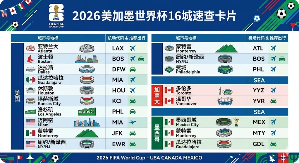 2026年美加墨世界杯(FIFA World Cup)三大赛区 16 座主办城市分布与交通跨度地图