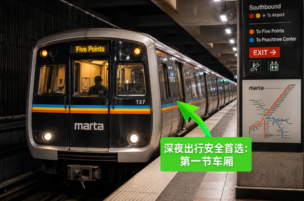 亚特兰大地铁 MARTA 深夜乘车安全指南：认准站台绿色紧急求助柱与列车第一节车厢