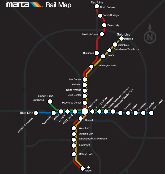 亚特兰大 MARTA 地铁高清线路图，详解红线(Red Line)与金线(Gold Line)机场与市中心走向