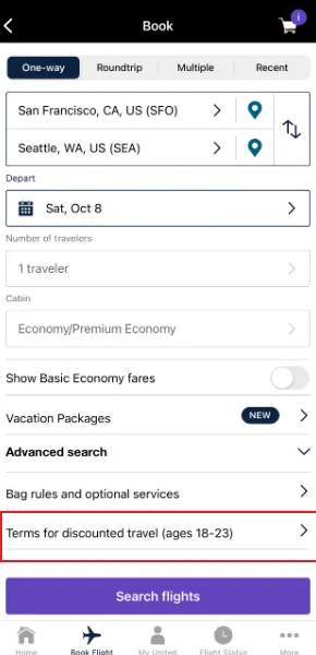 美联航 United Airlines App 为 18-23 岁旅客提供的专属青年特价机票 (Young Adult Discount) 预订界面