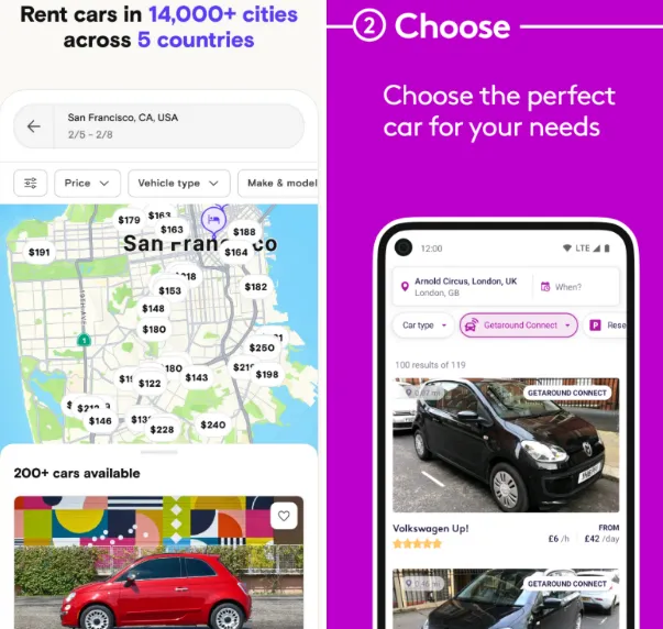 美国 P2P 个人共享租车平台 Turo 与 Getaround 手机预订界面,提供更丰富的豪华与特色车型选择