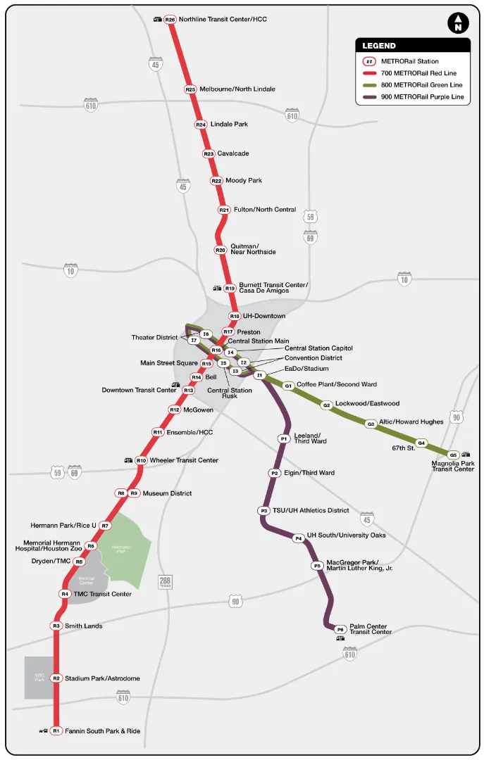 休斯敦轻轨 Houston METRORail 红绿紫三条干线交通路线图