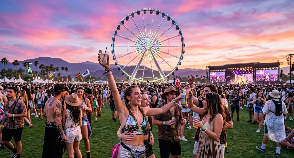 2027 Coachella 科切拉音乐节标志性打卡地标：落日余晖(Golden Hour)下的巨型摩天轮 (Ferris Wheel)