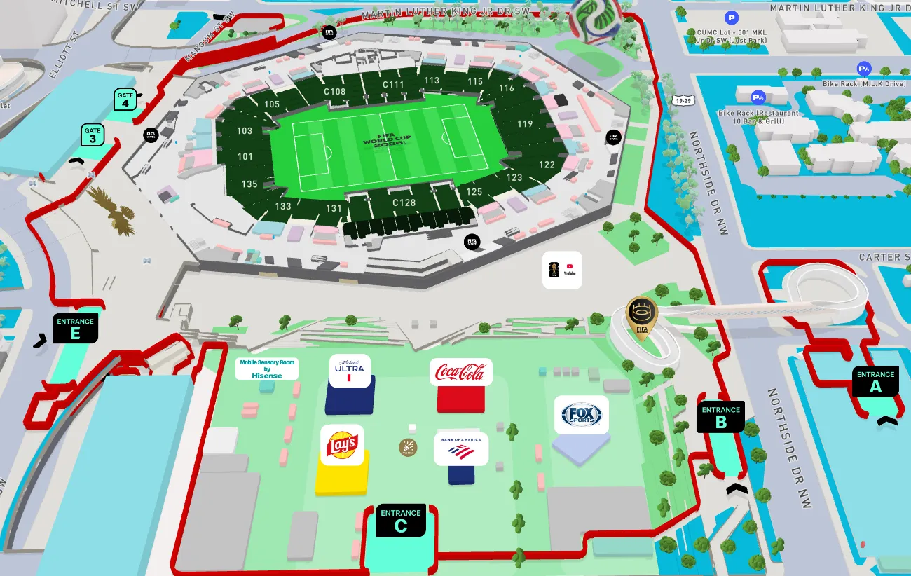 奔驰体育场 Mercedes-Benz Stadium 四大入场口 (Gates) 分布及轻轨站对应图