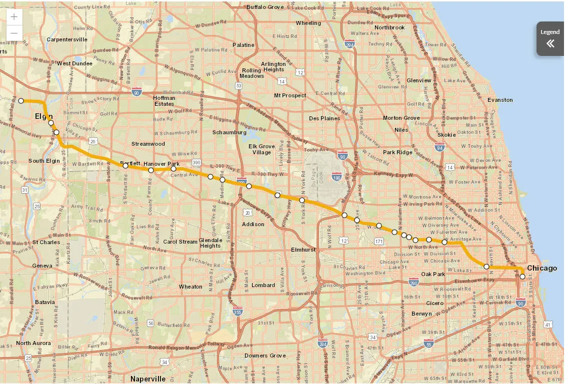 芝加哥通勤铁路 Metra MD-W 线 Medinah 站至球场免费接驳大巴上车站位置图