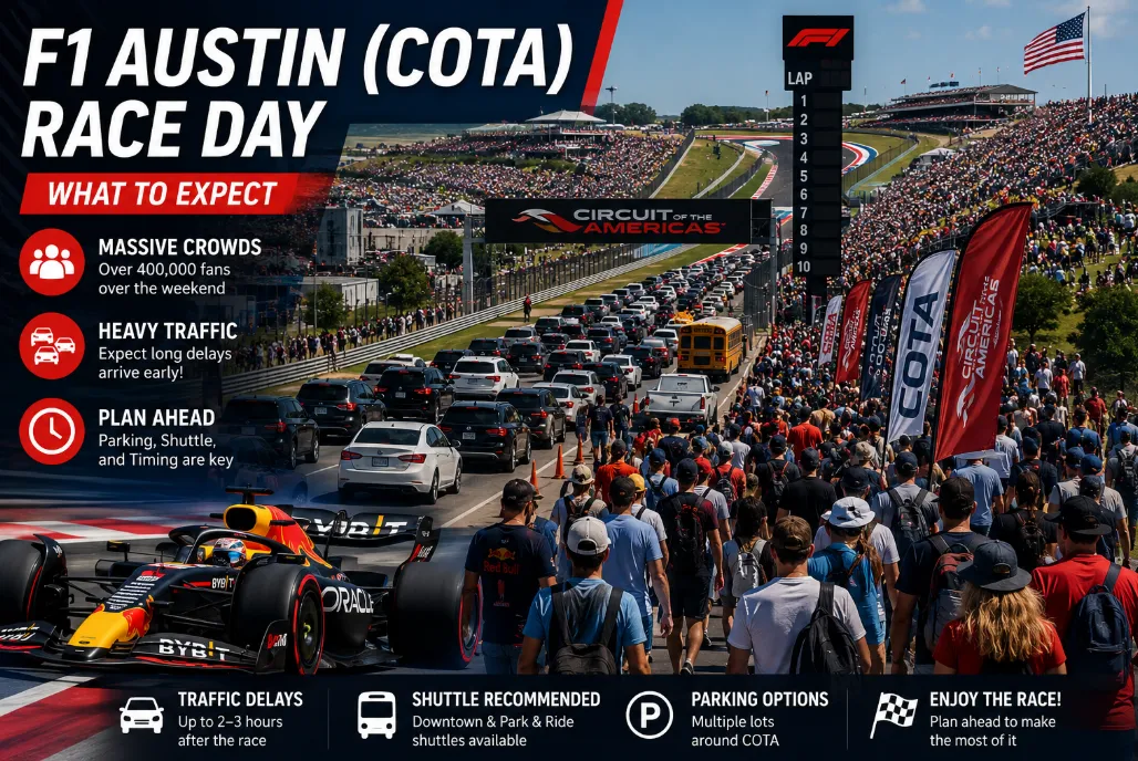 F1 美国大奖赛奥斯汀 COTA 赛道 (Circuit of the Americas) 俯瞰与比赛日拥堵路况盛况