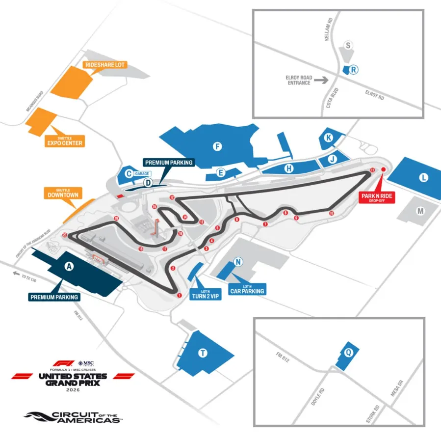 F1 奥斯汀美国大奖赛 COTA 赛道 12大官方停车场分布图:Lot A、Lot C、Lot T 位置与进出通道详解