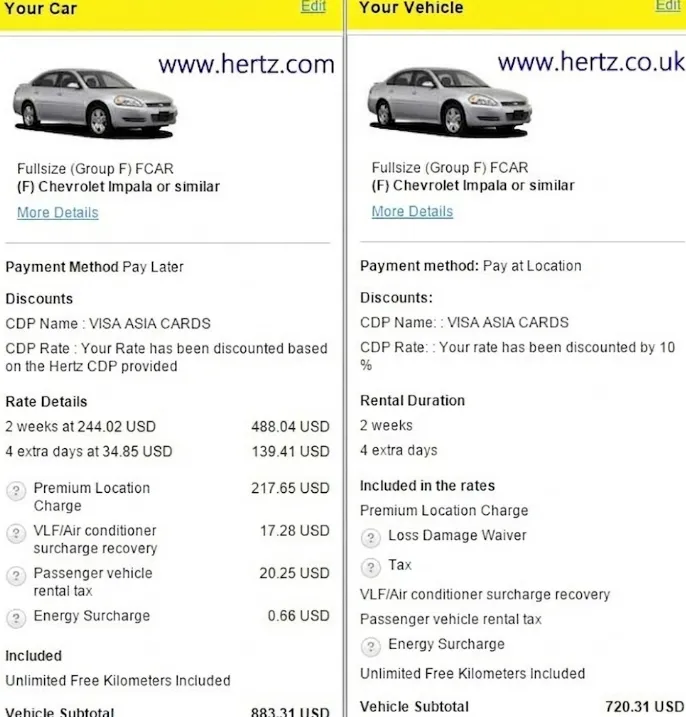 美国租车跨区漏洞:Hertz美国官网与英国官网(.co.uk)租车价格及CDW全险对比截图