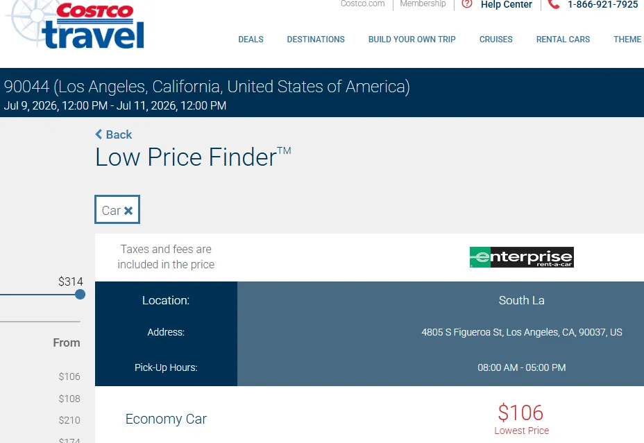 使用 Costco Travel 比较美国四大租车公司价格及免费增加副驾驶(Additional Driver)界面